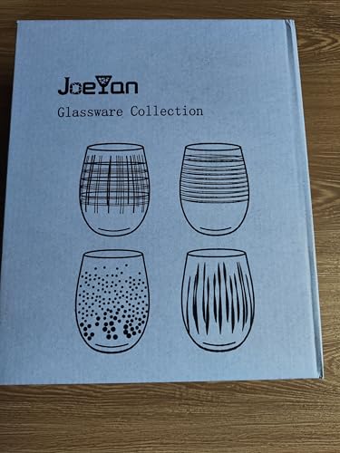 Joeyan Hand Blown Stemless Wine Glasses with Gold Dots Swirls Grids Strips Pattern for Red White Wine,Large Drinking Glass Cups,Wine Glass Tumblers for Wedding Party Home,Set of 4,17.5 oz