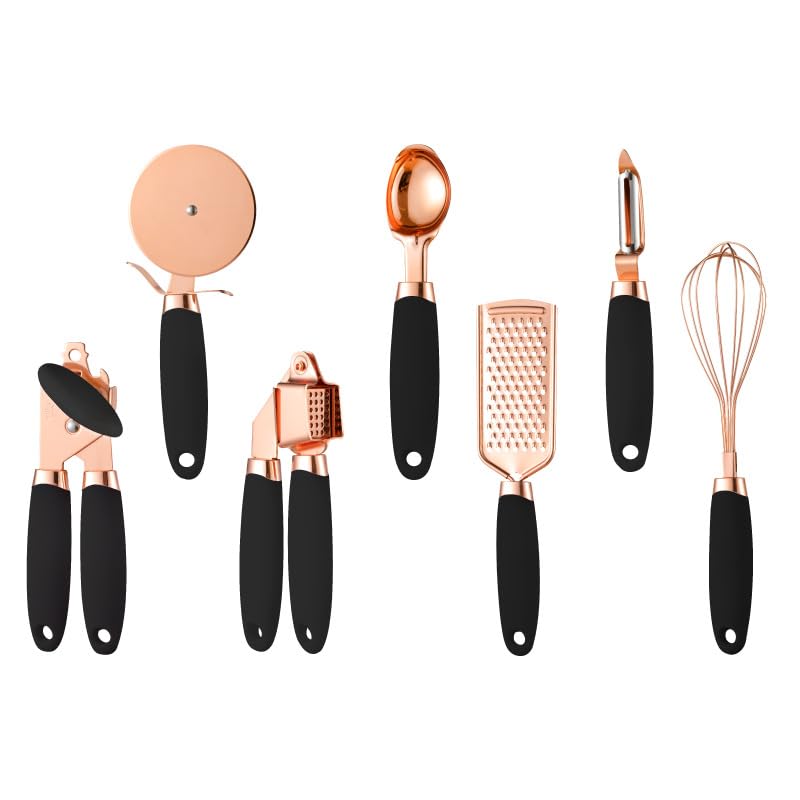 White & Gold Kitchen Tools and Gadgets - Luxe 7PC Cooking Tools and Gadgets with Anti-Slip Handles, Gold Utensils Set, Gold Kitchen Accessories,Premium Kitchen Gadget Set (Rose gold & black)