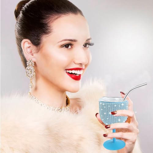 INSTOME Rhinestone Stainless Steel Wine Glasses,4oz Bling Stemmed Stainless Steel Wine Tumbler with Lid and Straw for Camping,Picnics,Travel,Birthday Gifts for Family (blue, 4oz)