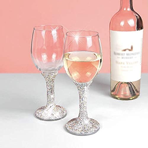 TISHAA Bling Wine Glass All Purpose, Bedazzled Rhinestone Diamond Wine Glasses, Dazzling Glam Decor Red and White Wine Glasses for Wedding Christmas Thanksgiving, (White)