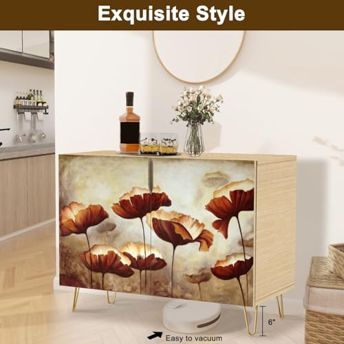 Mid-Century Sideboard Buffet Kitchen Storage Cabinet with 2 Doors Texture Canvas Cupboard Console Table Bar Cabinet for Dining Room Hallway