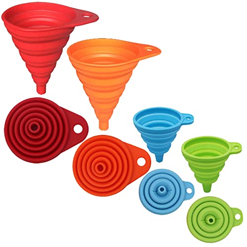 Kitchen Funnel Set 4-Pack, Small and Large, Kitchen Gadgets Accessories Foldable Silicone Collapsible Funnels for Filling Water Bottle Liquid Transfer Food Grade