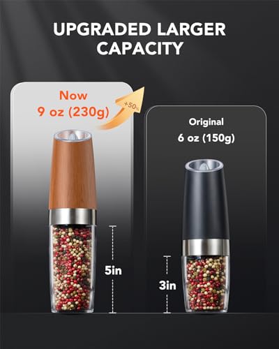 Upgraded 9 Oz. Capacity Gravity Electric Salt and Pepper Grinder Set, Battery Powered One-Hand Operation Refillable Automatic Pepper Grinder Adjustable Coarseness (Wood grain)