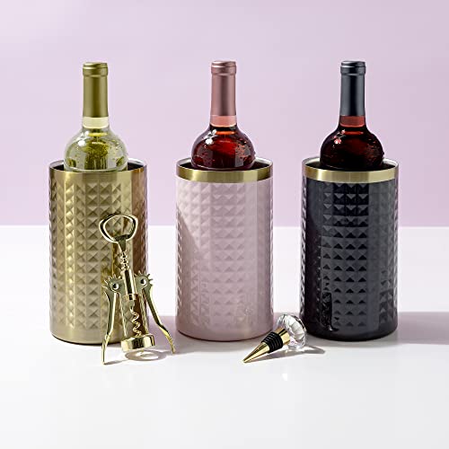 Paris Hilton Wine Bottle Chiller Set, Insulated Double Wall Chiller, Gold Winged Corkscrew Wine Bottle Opener, Diamond Wine Stopper, 3-Piece Set, Charcoal Gray