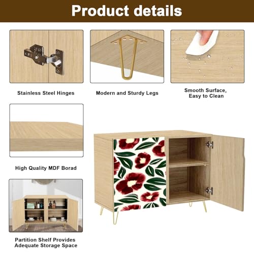 Mid-Century Sideboard Buffet Kitchen Storage Cabinet with 2 Doors Artistic floral seamless pattern Bright flowers hand drawn oil paints Cupboard Console Table Bar Cabinet for Dining Room Hallway