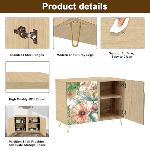 Mid-Century Sideboard Buffet Kitchen Storage Cabinet with 2 Doors Beautiful Oil Flower Cupboard Console Table Bar Cabinet for Dining Room Hallway