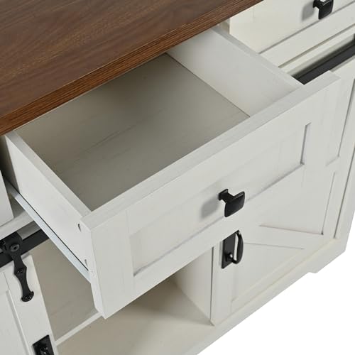 Ball & Cast Farmhouse Kitchen Island Cart with Power Outlet, 2 Sliding Barn Doors, 3 Adjustable Shelves, Kitchen Storage Island with Drop Leaf, Spice Rack, Rolling Cart on Wheels, for Kitchen or Dining Room, White