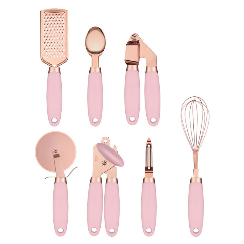 7-Piece Set of Kitchen Tools and Gadgets with Anti-Slip Handles (Rose Gold and Pink)