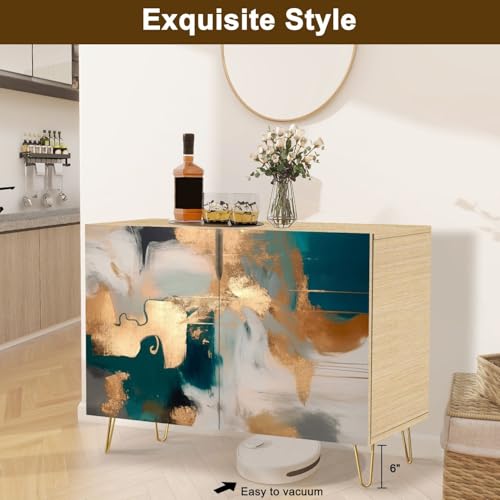 Mid-Century Sideboard Buffet Kitchen Storage Cabinet with 2 Doors Abstract oil Art mural modern artwork paint spots paint strokes blue Cupboard Console Table Bar Cabinet for Dining Room Hallway