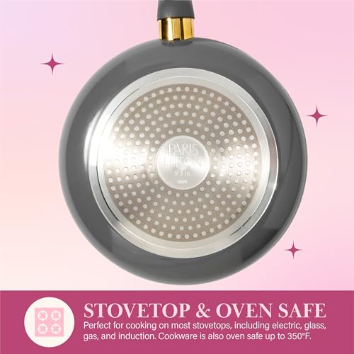 Paris Hilton Epic Nonstick Pots and Pans Set, Multi-layer Coating, Tempered Glass Lids, Soft Touch, Stay Cool Handles, Made without PFOA, Dishwasher Safe Cookware 12-Piece, Charcoal Gray