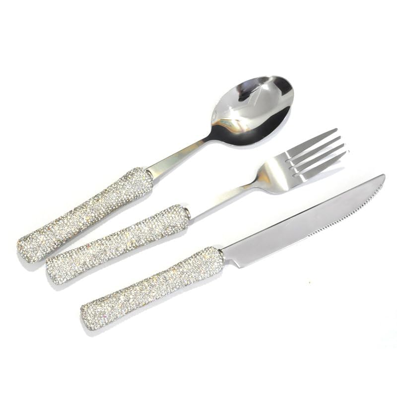 Bestbling Bling Rhinestone Crystal Dazzling Culinary Utensils Travel Set for Office, Lunch, and Travel (3, Silver)