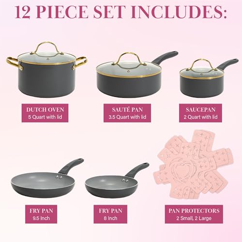 Paris Hilton Epic Nonstick Pots and Pans Set, Multi-layer Coating, Tempered Glass Lids, Soft Touch, Stay Cool Handles, Made without PFOA, Dishwasher Safe Cookware 12-Piece, Charcoal Gray