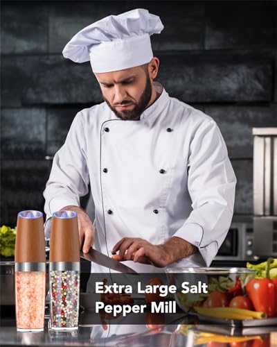 Upgraded 9 Oz. Capacity Gravity Electric Salt and Pepper Grinder Set, Battery Powered One-Hand Operation Refillable Automatic Pepper Grinder Adjustable Coarseness (Wood grain)