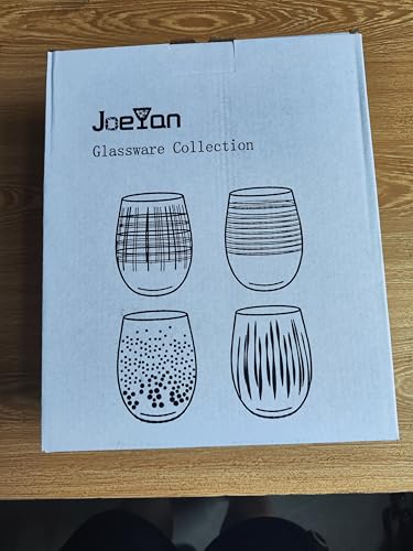 Joeyan Hand Blown Stemless Wine Glasses with Gold Dots Swirls Grids Strips Pattern for Red White Wine,Large Drinking Glass Cups,Wine Glass Tumblers for Wedding Party Home,Set of 4,17.5 oz