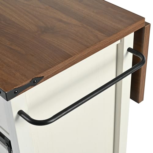 Ball & Cast Farmhouse Kitchen Island Cart with Power Outlet, 2 Sliding Barn Doors, 3 Adjustable Shelves, Kitchen Storage Island with Drop Leaf, Spice Rack, Rolling Cart on Wheels, for Kitchen or Dining Room, White