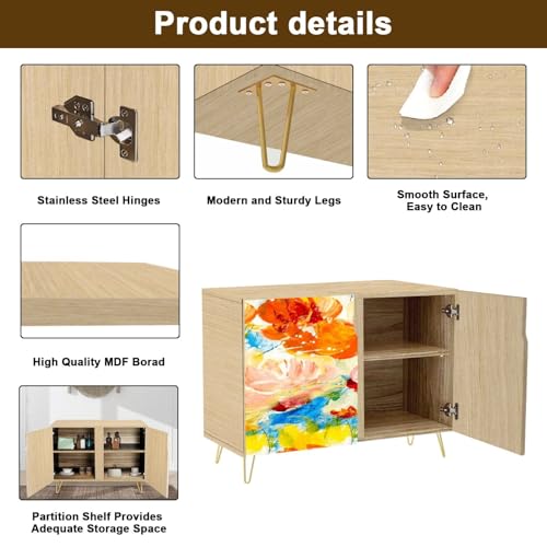 Mid-Century Sideboard Buffet Kitchen Storage Cabinet with 2 Doors Seamless Pattern Abstract red Flowers Original Hand Drawn Cupboard Console Table Bar Cabinet for Dining Room Hallway