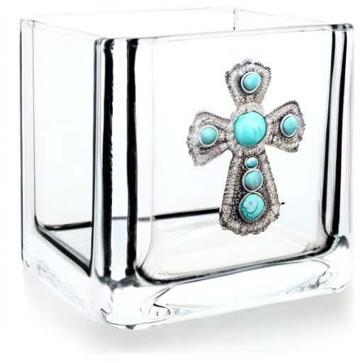 THE QUEENS' JEWELS Turquoise Cross Jeweled 4x4 Candleholder Vase - Unique Gift for Women, Birthday, Cute, Fun, Not Painted, Decorated, Bling, Bedazzled, Rhinestone