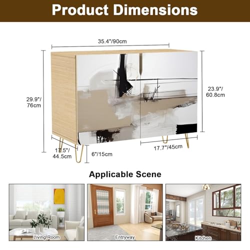 Mid-Century Sideboard Buffet Kitchen Storage Cabinet with 2 Doors Hand drawn oil Abstract artistic Oil canvas golden texture Fragment Cupboard Console Table Bar Cabinet for Dining Room Hallway
