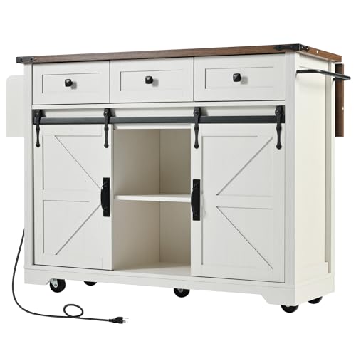 Ball & Cast Farmhouse Kitchen Island Cart with Power Outlet, 2 Sliding Barn Doors, 3 Adjustable Shelves, Kitchen Storage Island with Drop Leaf, Spice Rack, Rolling Cart on Wheels, for Kitchen or Dining Room, White