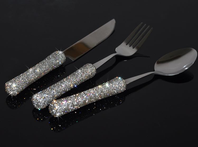 Bestbling Bling Rhinestone Crystal Dazzling Culinary Utensils Travel Set for Office, Lunch, and Travel (3, Silver)