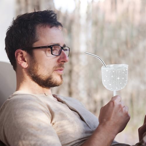 INSTOME Rhinestone Stainless Steel Wine Glasses,4oz Bling Stemmed Stainless Steel Wine Tumbler with Lid and Straw for Camping,Picnics,Travel,Birthday Gifts for Family (silver, 4oz)