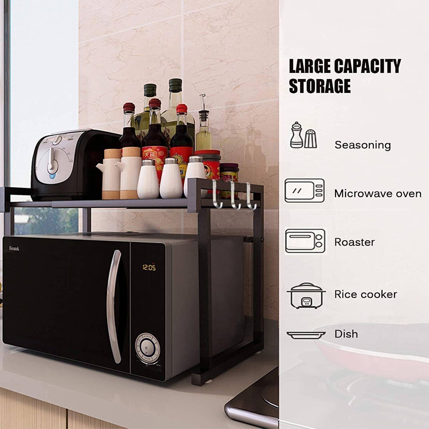 Practical Black Kitchen Storage Rack with 6 Hooks