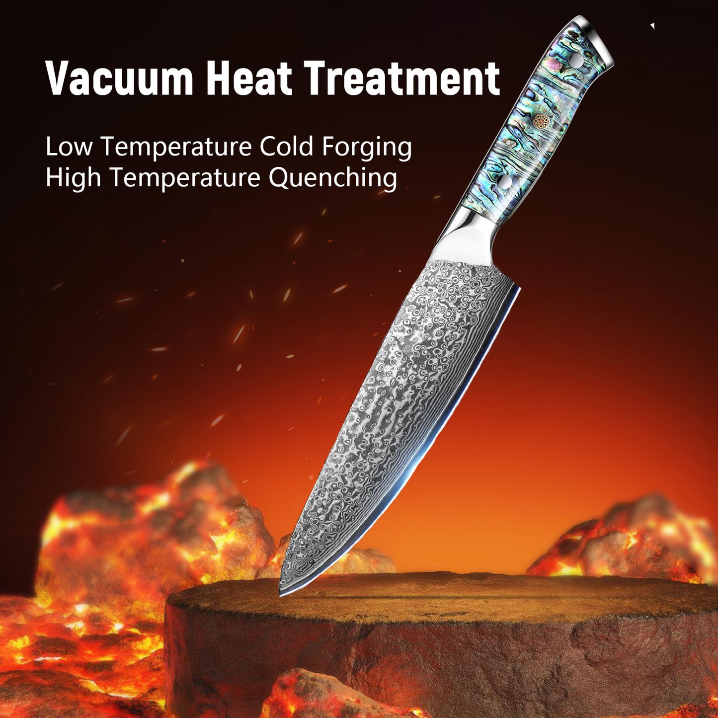 Professional Japanese Damascus 8-Inch Steel Santuko Chef Knife with Hand-Forged Hammer Pattern and Ergonomic Abalone Shell Handle