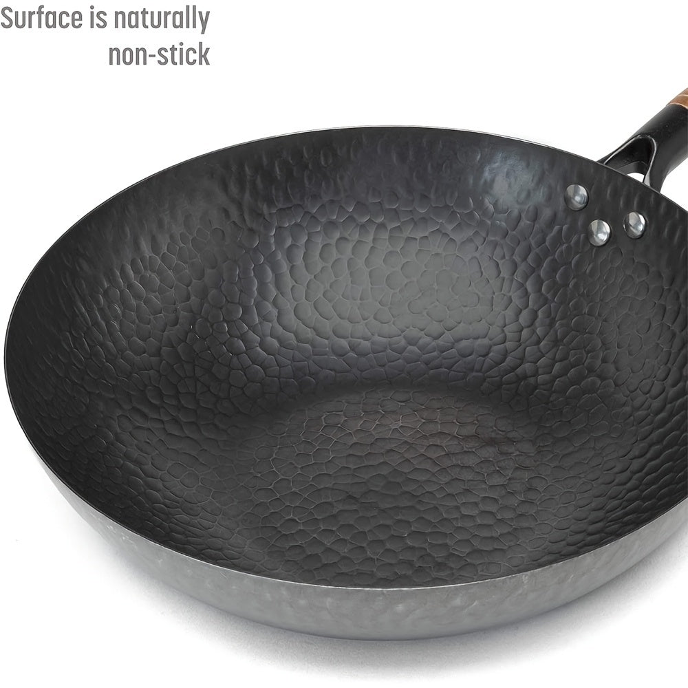 Hammered Carbon Steel 12.5-Inch Wok Pan With Lid, Black, Non-Stick, Compatible With Most Cooktops