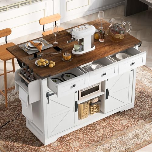 Ball & Cast Farmhouse Kitchen Island Cart with Power Outlet, 2 Sliding Barn Doors, 3 Adjustable Shelves, Kitchen Storage Island with Drop Leaf, Spice Rack, Rolling Cart on Wheels, for Kitchen or Dining Room, White