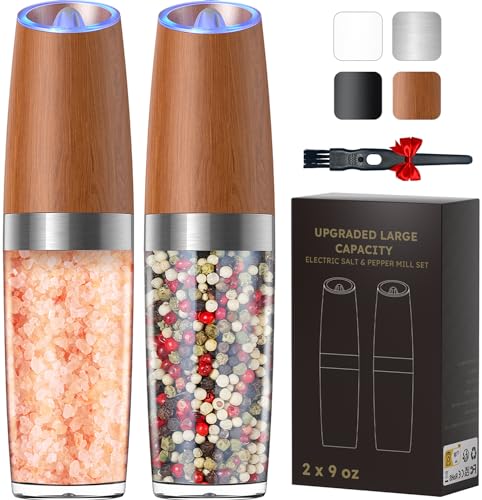 Upgraded 9 Oz. Capacity Gravity Electric Salt and Pepper Grinder Set, Battery Powered One-Hand Operation Refillable Automatic Pepper Grinder Adjustable Coarseness (Wood grain)