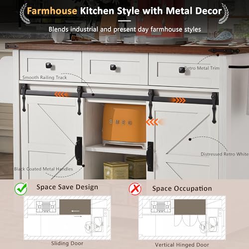 Ball & Cast Farmhouse Kitchen Island Cart with Power Outlet, 2 Sliding Barn Doors, 3 Adjustable Shelves, Kitchen Storage Island with Drop Leaf, Spice Rack, Rolling Cart on Wheels, for Kitchen or Dining Room, White