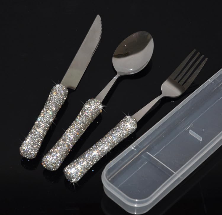 Bestbling Bling Rhinestone Crystal Dazzling Culinary Utensils Travel Set for Office, Lunch, and Travel (3, Silver)