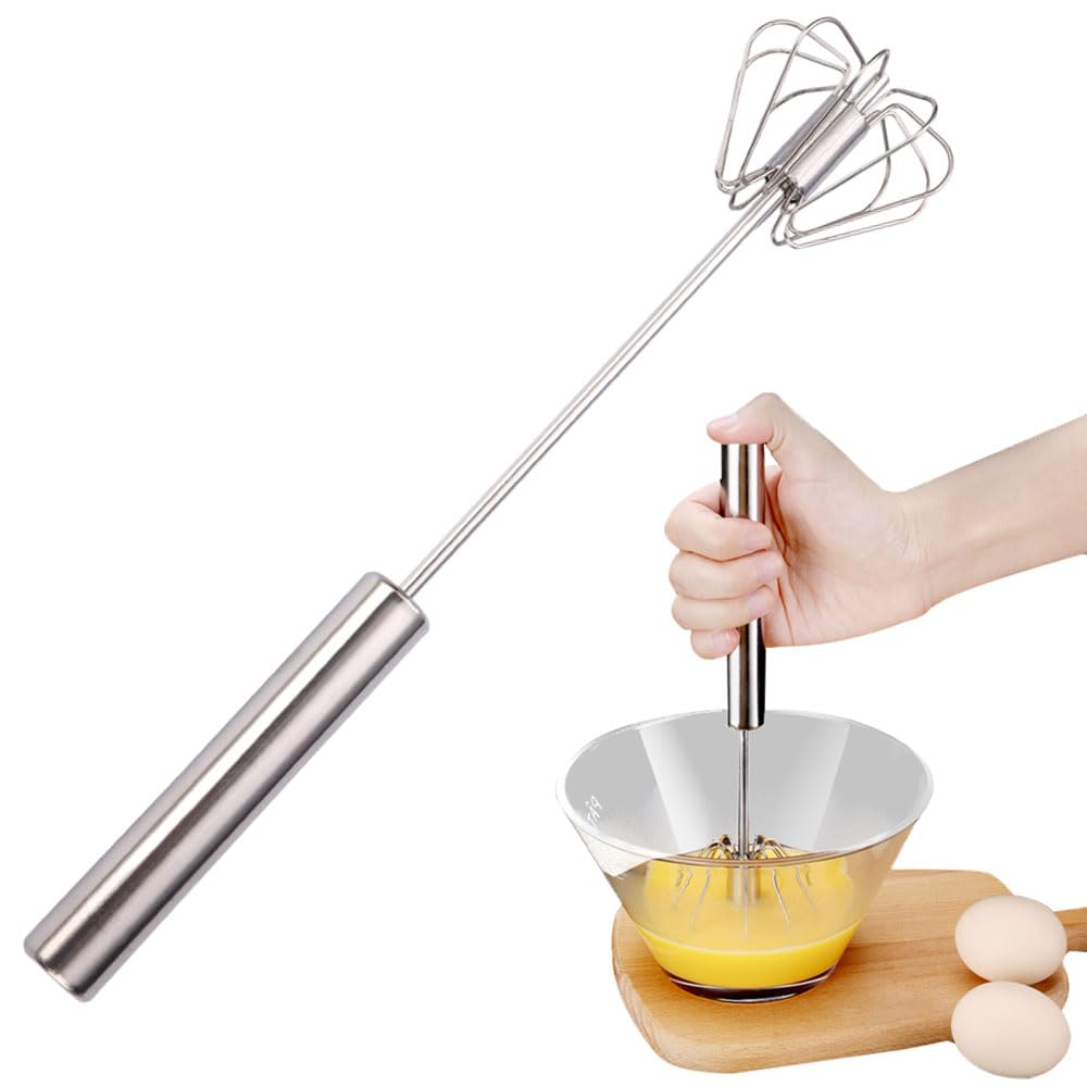 Stainless Steel Semi-Automatic Whisk, Stainless Steel Egg Whisk Hand Push Rotary Whisk Blender, Semi Automatic Whisk Hand Push Spinning Whisk for Cooking Kitchen Home Egg Milk (12 in)