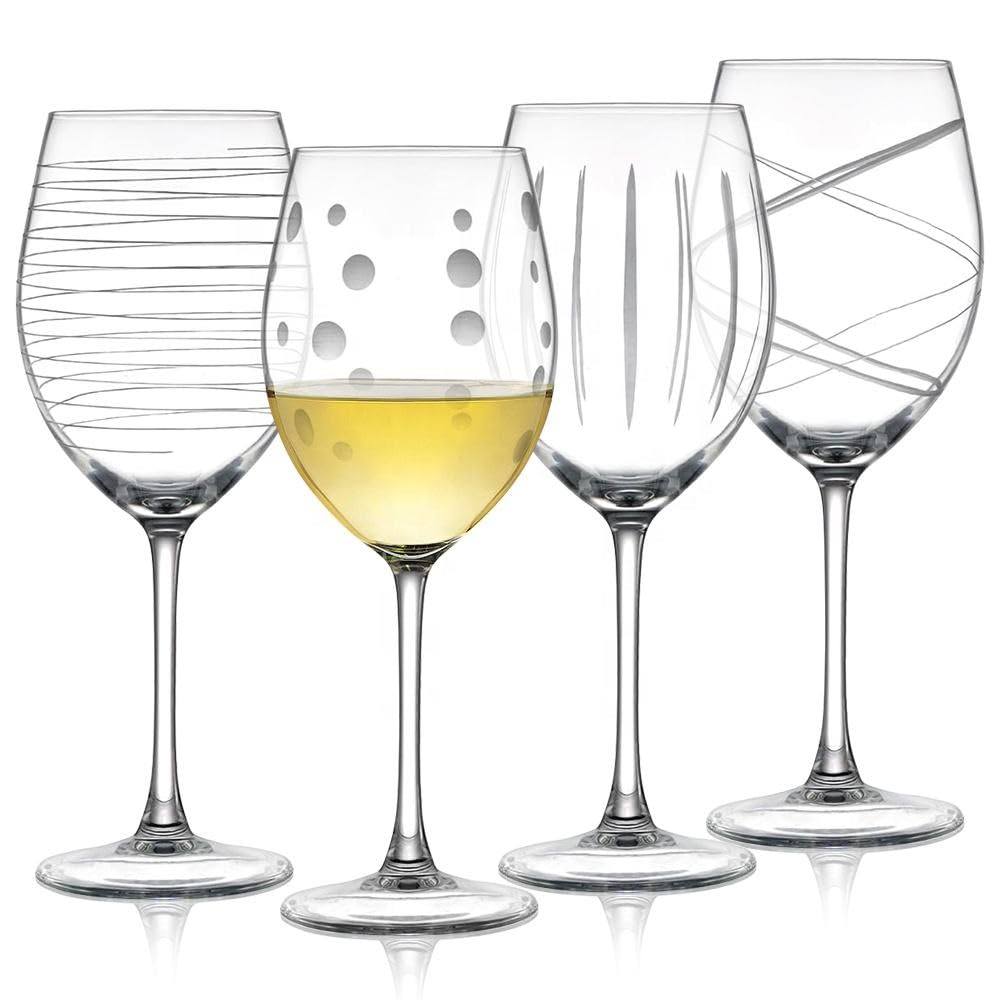 Joeyan Hand Blown Etched Red and White Wine Glasses,Stemmed Glasses with Stripes and Dots Pattern,Clear Carved Long Stem Glassware Set for Wine Tasting Birthday Anniversary Wedding,19 oz,Set of 4