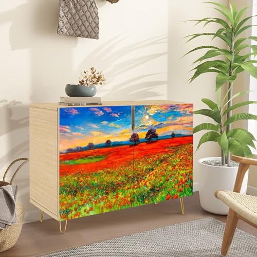 Mid-Century Style Sideboard Buffet Kitchen Storage Cabinet with Tuscan Scene on Canvas