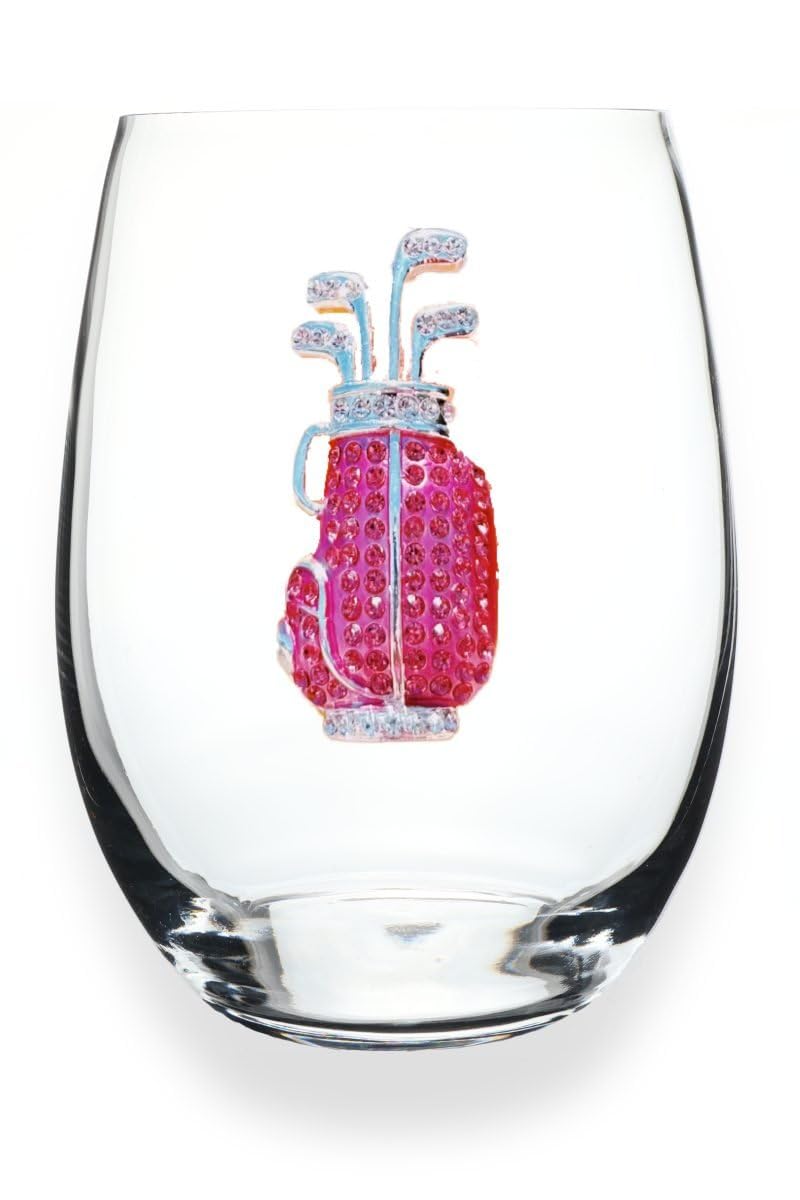 Pink Golf Bag Jeweled Stemless Wine Glass, 21 oz. - Unique Gift for Women, Birthday, Cute, Fun, Not Painted, Decorated, Bling, Bedazzled, Rhinestone