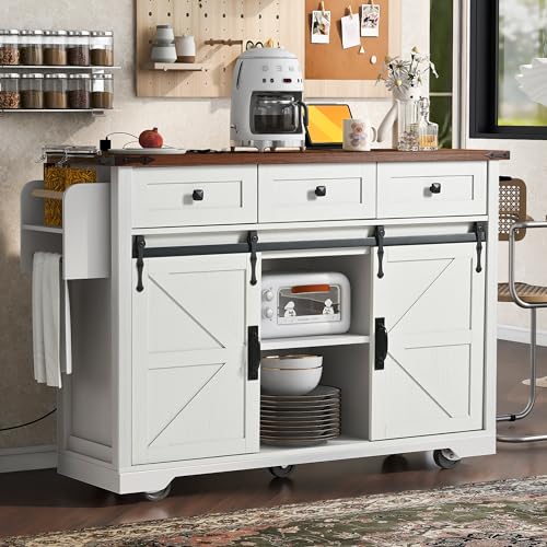 Ball & Cast Farmhouse Kitchen Island Cart with Power Outlet, 2 Sliding Barn Doors, 3 Adjustable Shelves, Kitchen Storage Island with Drop Leaf, Spice Rack, Rolling Cart on Wheels, for Kitchen or Dining Room, White