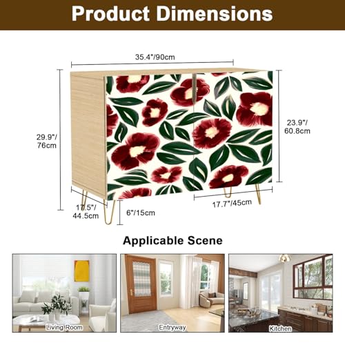 Mid-Century Sideboard Buffet Kitchen Storage Cabinet with 2 Doors Artistic floral seamless pattern Bright flowers hand drawn oil paints Cupboard Console Table Bar Cabinet for Dining Room Hallway