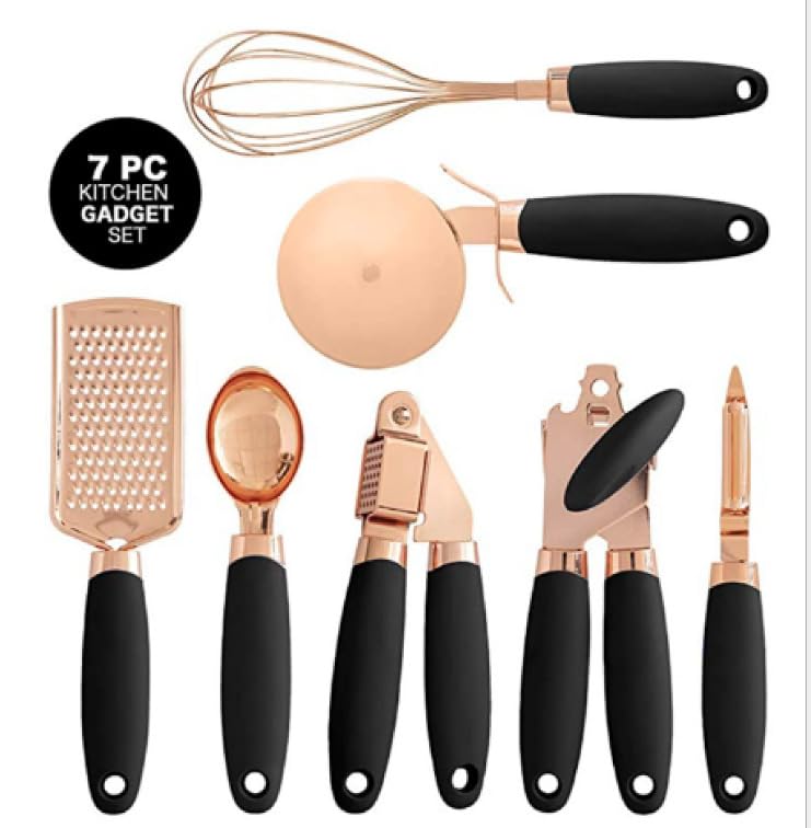 White & Gold Kitchen Tools and Gadgets - Luxe 7PC Cooking Tools and Gadgets with Anti-Slip Handles, Gold Utensils Set, Gold Kitchen Accessories,Premium Kitchen Gadget Set (Rose gold & black)