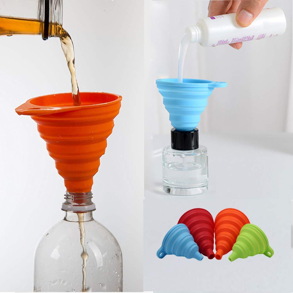 Kitchen Funnel Set 4-Pack, Small and Large, Kitchen Gadgets Accessories Foldable Silicone Collapsible Funnels for Filling Water Bottle Liquid Transfer Food Grade