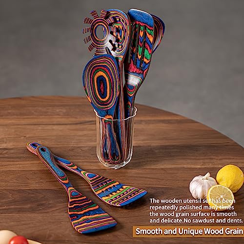 Gudamaye Pakkawood 7-Piece Blue Wooden Cooking Utensils - Wooden Spoons, Kitchen Utensil Set, Non-Stick Spoons