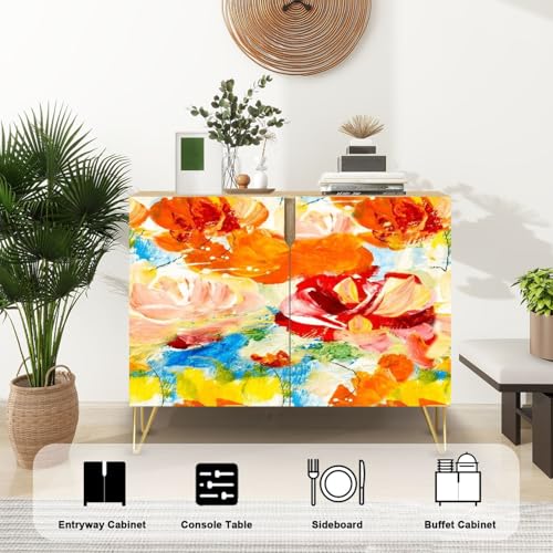 Mid-Century Sideboard Buffet Kitchen Storage Cabinet with 2 Doors Seamless Pattern Abstract red Flowers Original Hand Drawn Cupboard Console Table Bar Cabinet for Dining Room Hallway