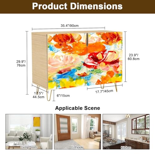 Mid-Century Sideboard Buffet Kitchen Storage Cabinet with 2 Doors Seamless Pattern Abstract red Flowers Original Hand Drawn Cupboard Console Table Bar Cabinet for Dining Room Hallway