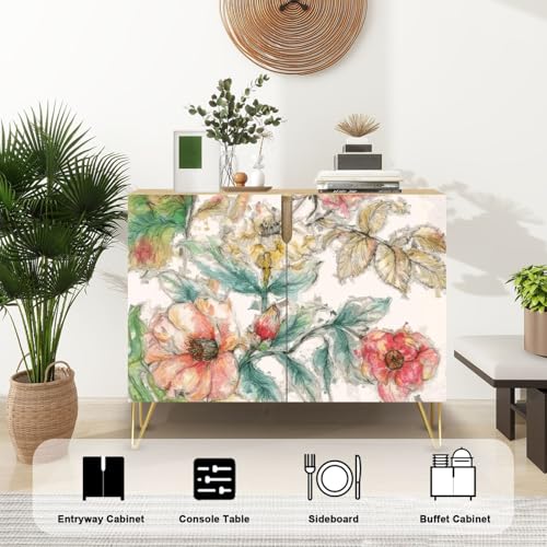 Mid-Century Sideboard Buffet Kitchen Storage Cabinet with 2 Doors Beautiful Oil Flower Cupboard Console Table Bar Cabinet for Dining Room Hallway