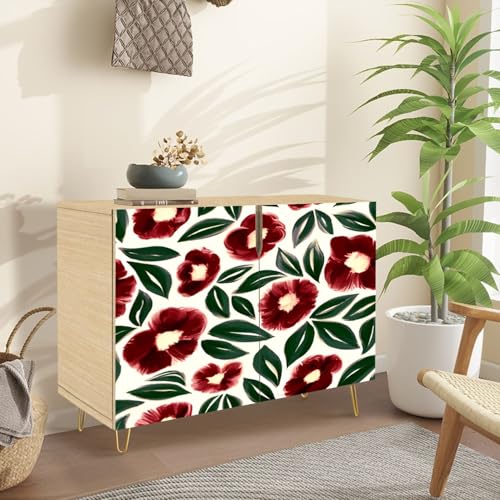 Mid-Century Sideboard Buffet Kitchen Storage Cabinet with 2 Doors Artistic floral seamless pattern Bright flowers hand drawn oil paints Cupboard Console Table Bar Cabinet for Dining Room Hallway