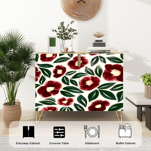 Mid-Century Sideboard Buffet Kitchen Storage Cabinet with 2 Doors Artistic floral seamless pattern Bright flowers hand drawn oil paints Cupboard Console Table Bar Cabinet for Dining Room Hallway
