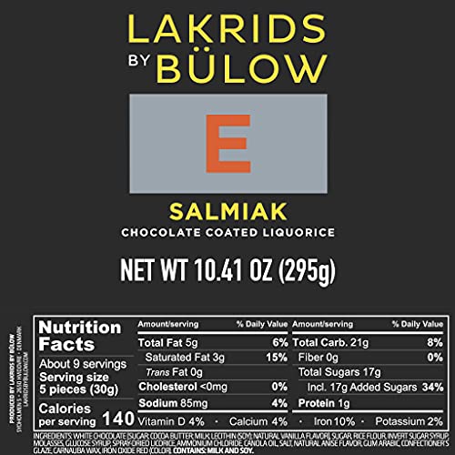 LAKRIDS BY BÜLOW - E - Salmiak - 10.4 Oz. - Chocolate Coated Gourmet Licorice - Authentic Scandinavian Candy Produced in Denmark