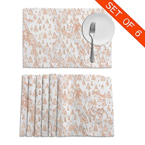 Pink Rose Gold Glitter Table Placemats with Forest Motif (Set of 6)