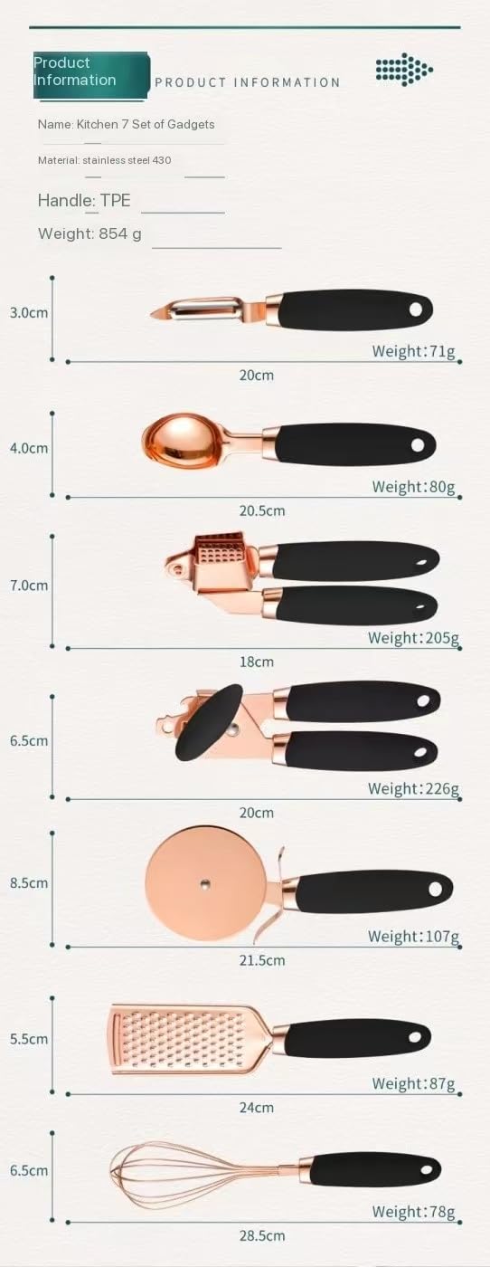White & Gold Kitchen Tools and Gadgets - Luxe 7PC Cooking Tools and Gadgets with Anti-Slip Handles, Gold Utensils Set, Gold Kitchen Accessories,Premium Kitchen Gadget Set (Rose gold & black)