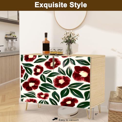 Mid-Century Sideboard Buffet Kitchen Storage Cabinet with 2 Doors Artistic floral seamless pattern Bright flowers hand drawn oil paints Cupboard Console Table Bar Cabinet for Dining Room Hallway